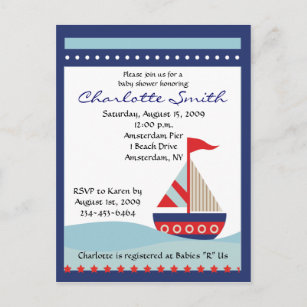 Little Navy Blue Sail Boat Baby Shower Invitation