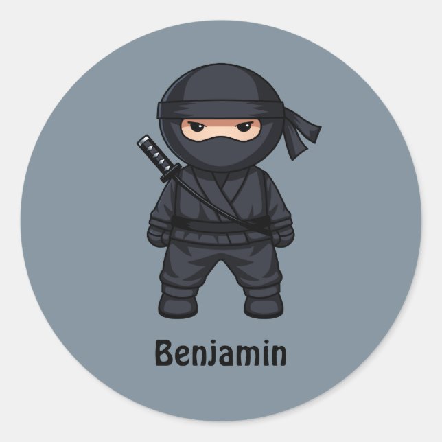 Little Ninja Warrior on Grey Classic Round Sticker (Front)