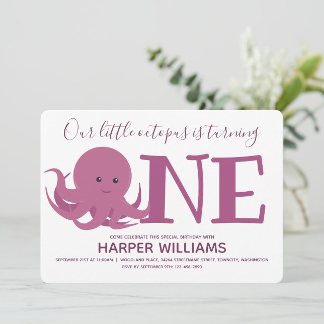 Little Octopus Turning One Animal First Birthday Invitation (Standing Front)