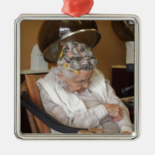 LIttle Old Lady Sleeping Under Hair Dryer Metal Ornament