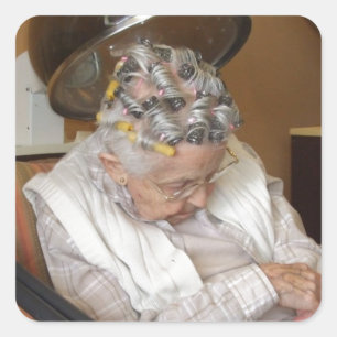 LIttle Old Lady Sleeping Under Hair Dryer Square Sticker