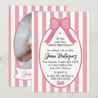 Little One Bow 1st Birthday Photo Invitations