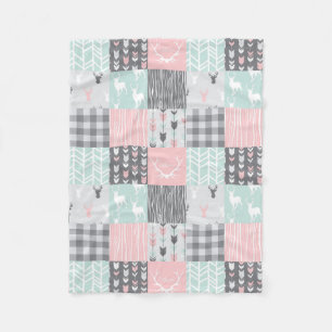 Little One Patchwork Deer - pink, mint and grey Fleece Blanket