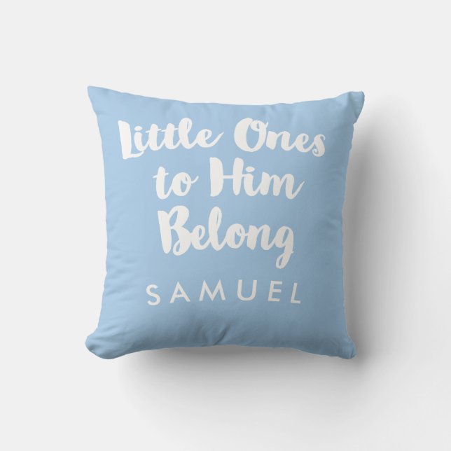 Little Ones to Him Belong Blue Christian Nursery Cushion (Front)