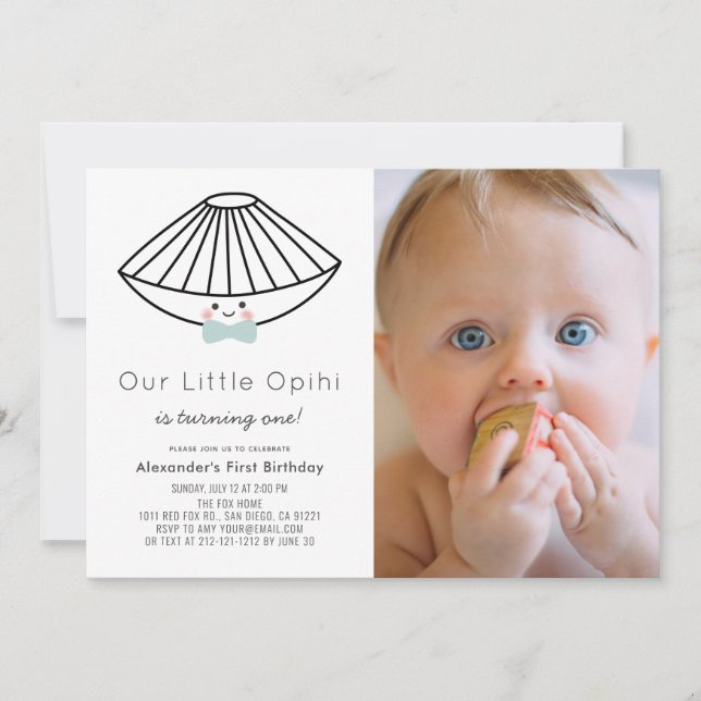 Little Opihi Blue Bow Tie Boy Photo 1st Birthday Invitation (Front)