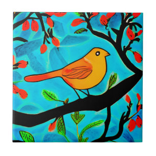 Little Orange Bird on a Flowering Branch Ceramic Tile