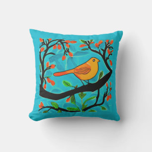 Little Orange Bird on a Flowering Branch Cushion