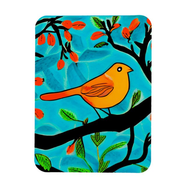Little Orange Bird on a Flowering Branch Magnet (Vertical)