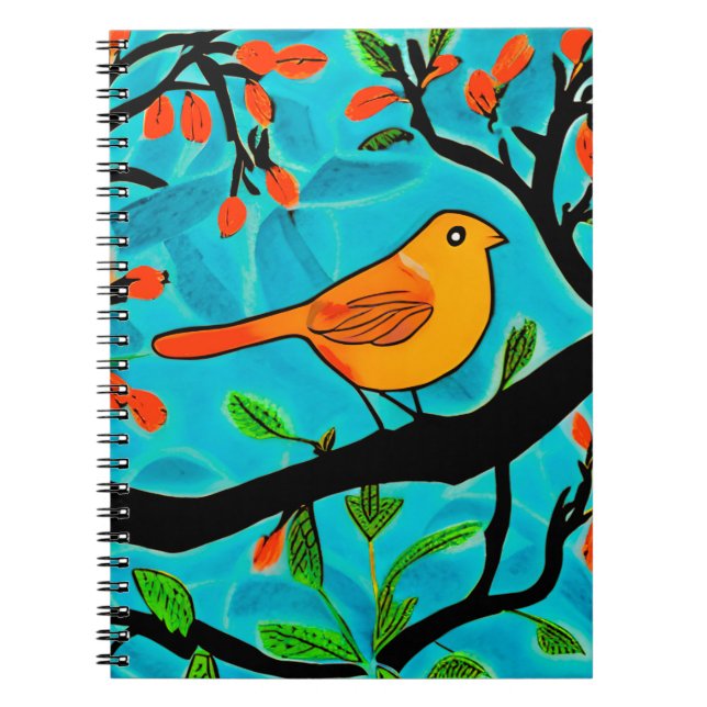 Little Orange Bird on a Flowering Branch  Notebook (Front)