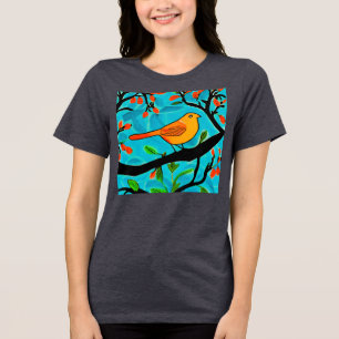 Little Orange Bird on a Flowering Branch Tri-Blend Shirt