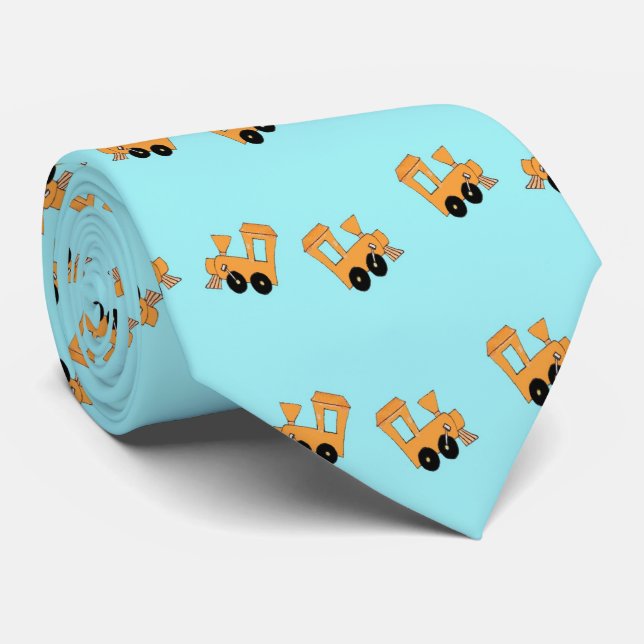 Little orange trains pattern on blue tie (Rolled)
