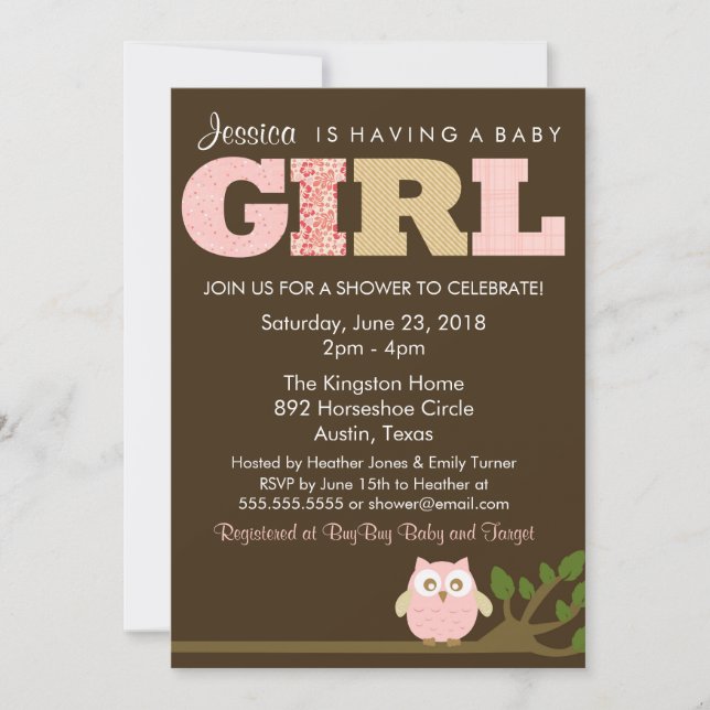 Little Owl Baby Girl Shower Invitation, Pattern Invitation (Front)