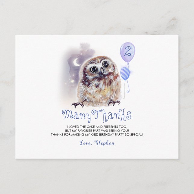Little Owl Birthday Thank You Postcard (Front)