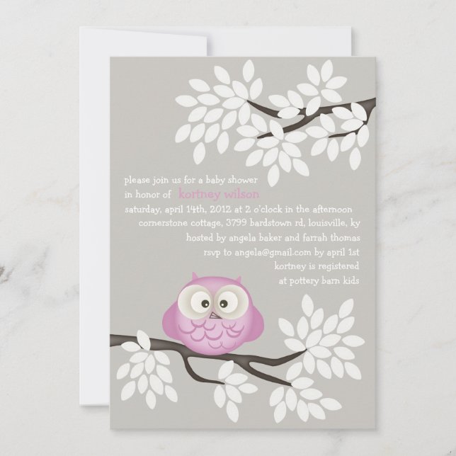 Little Owl & Branches Baby Shower Invitations (Front)