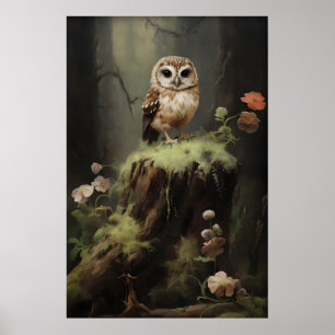 Little Owl Forest Wall Print, Botanical Painting Poster