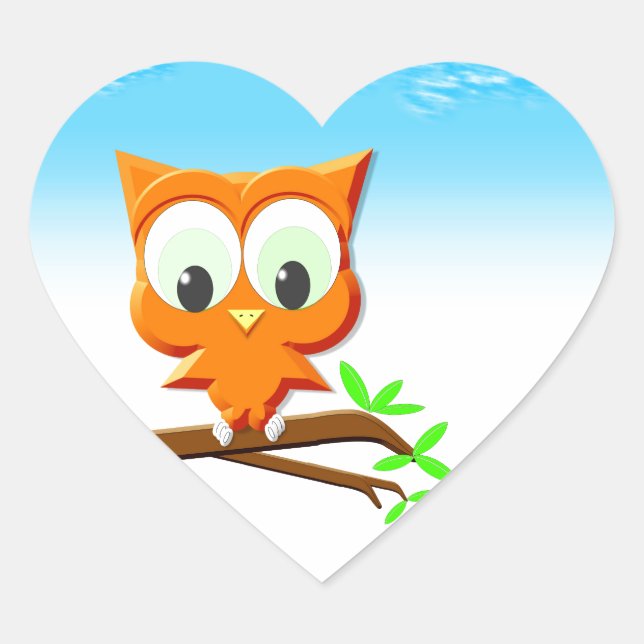 Little Owl on a Branch Heart Sticker (Front)