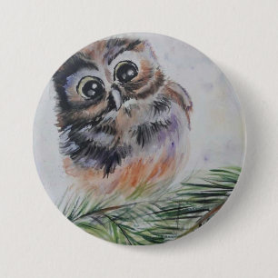 Little Owl Watercolor Painting Button