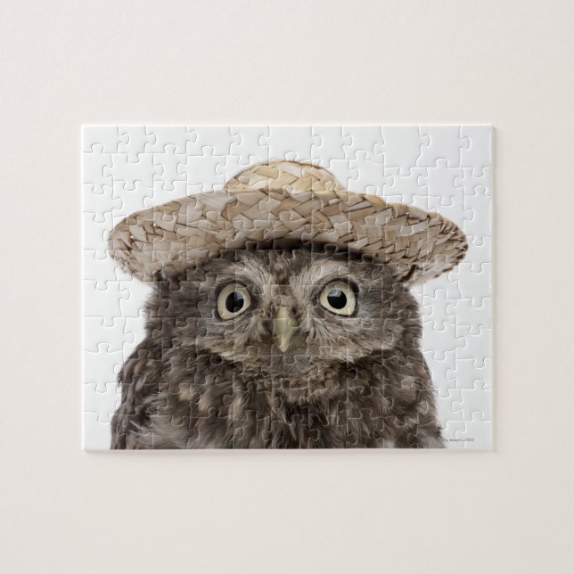 Little Owl wearing a straw hat - Athene noctua Jigsaw Puzzle (Horizontal)