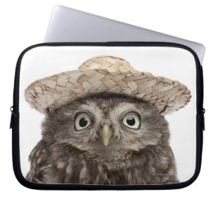 Little Owl wearing a straw hat - Athene noctua Laptop Sleeve