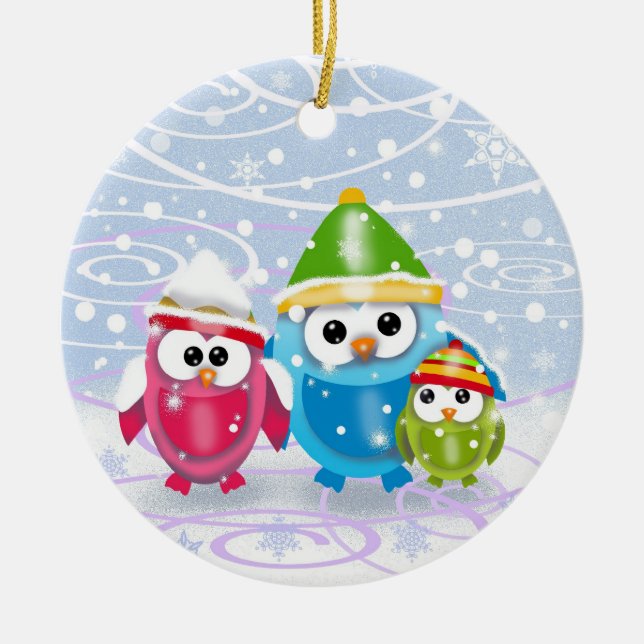 Little Owls in Snow Christmas Ornament (Front)