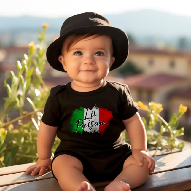 Little Paisan Funny Italian Baby Black Bodysuit (baby bodysuit with a waving Italian flag brushstroke design and the word ‘Paisan’ in playful letters)