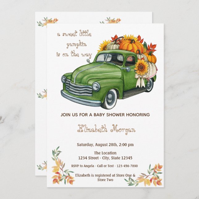 Little Pampkin,Truck Sunflower Autumn Baby Shower  Invitation (Front/Back)