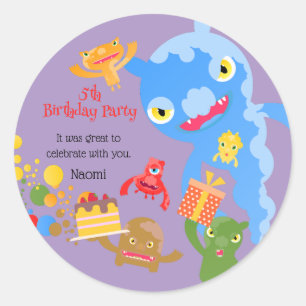 Little Party Monster and confetti Birthday Party Classic Round Sticker