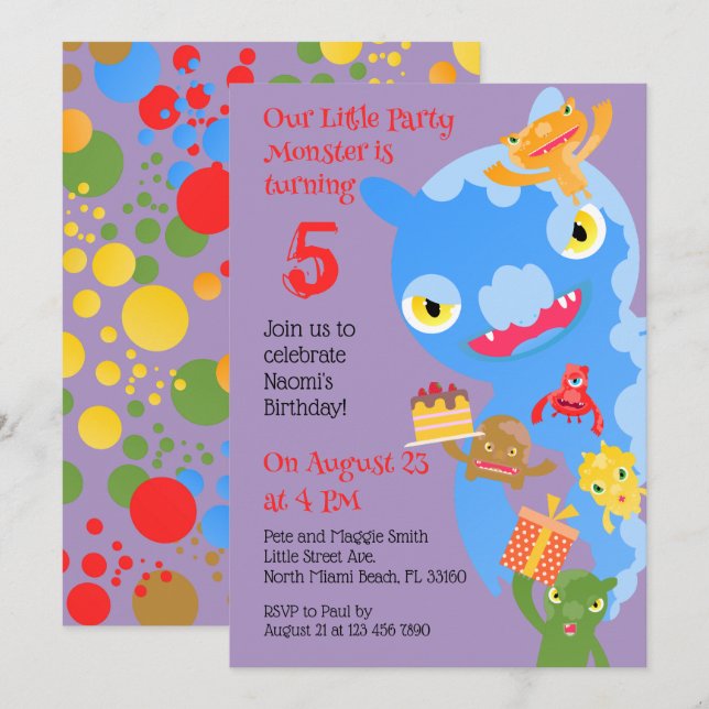 Little Party Monster and confetti Birthday Party Invitation (Front/Back)