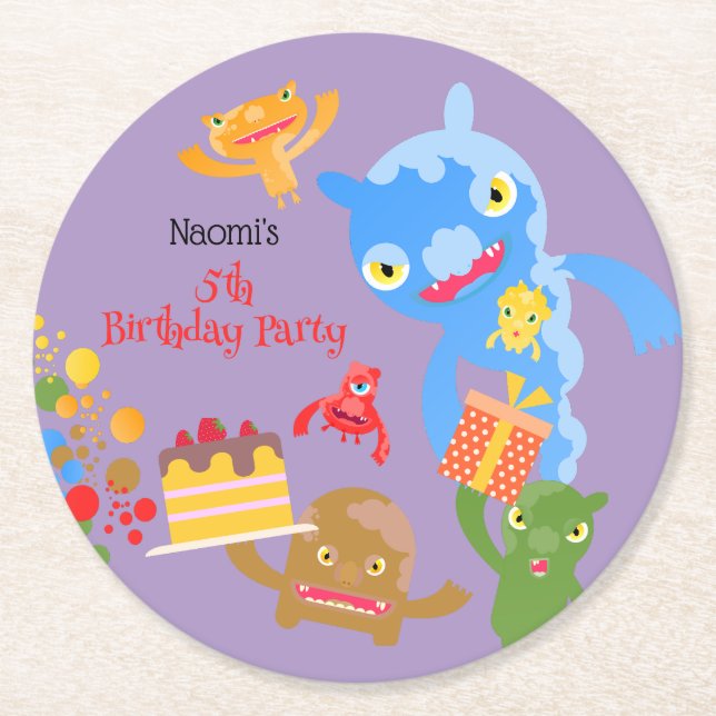 Little Party Monster and confetti Birthday Party Round Paper Coaster (Front)