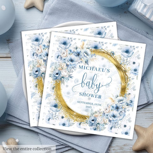 Little pastel blue flowers gold boy baby shower  napkin (Little pastel blue flowers gold boy baby shower Paper Dinner Napkins)