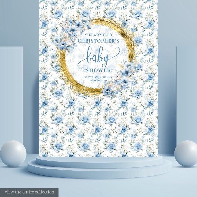 Little pastel blue flowers gold boy baby shower  tapestry (Little pastel blue flowers gold boy baby shower Tapestry)