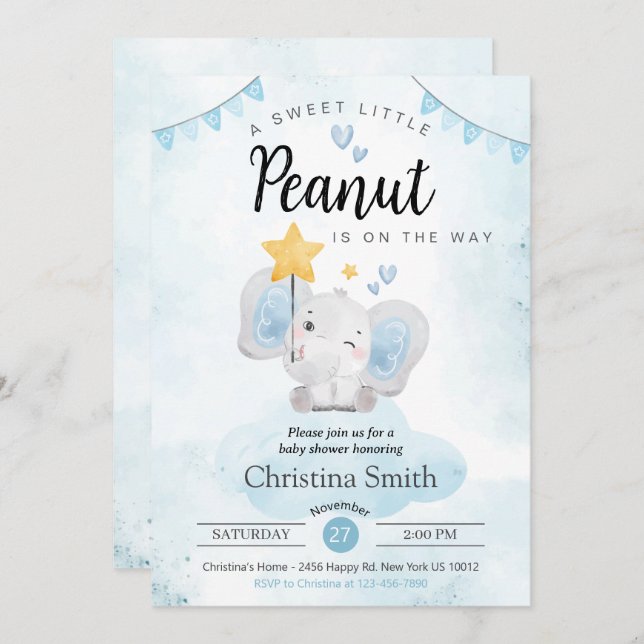 Little Peanut Blue Elephant Baby Boy Shower Invitation (Front/Back)