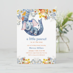 Little Peanut Blue Elephant Floral Baby Shower Invitation