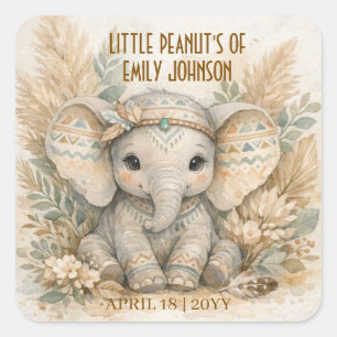 Little Peanut Boho Safari Elephant Boy Baby Shower Square Sticker