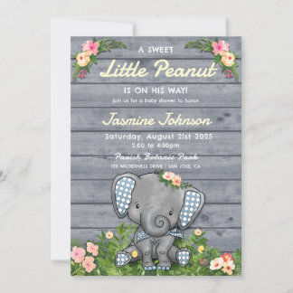 Little Peanut Boy Elephant Floral Rustic Wooden Invitation