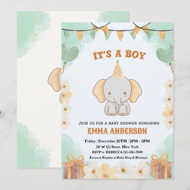 Little Peanut Dreams – Elephant Baby Boy Shower  Invitation (Front/Back)