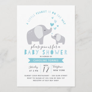 Little Peanut Elephant   Baby Shower   Blue Invitation