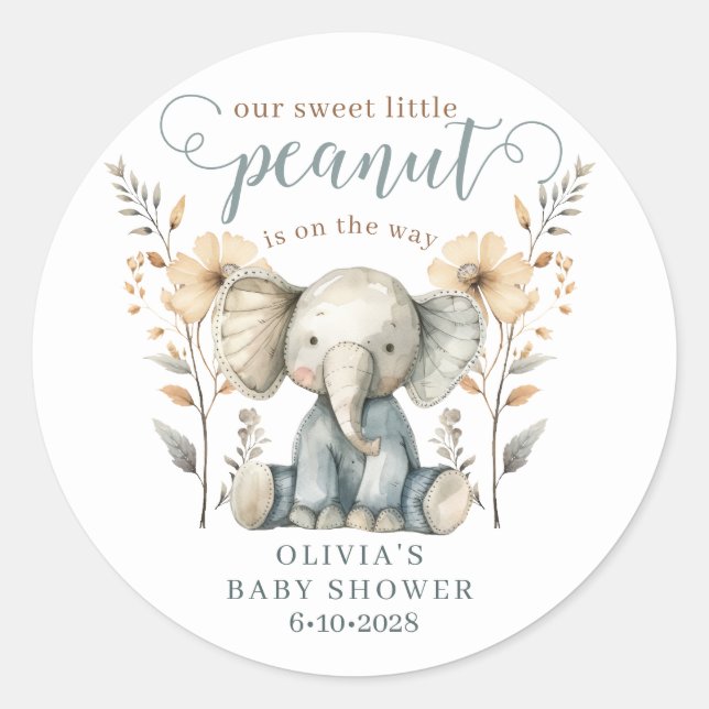 Little Peanut Elephant Blue Baby Shower Classic Round Sticker (Front)