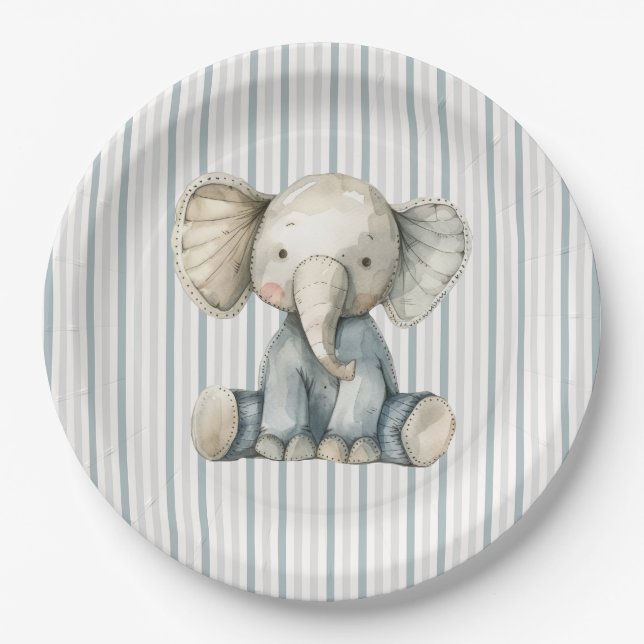 Little Peanut Elephant Blue Striped Baby Shower Paper Plate (Front)
