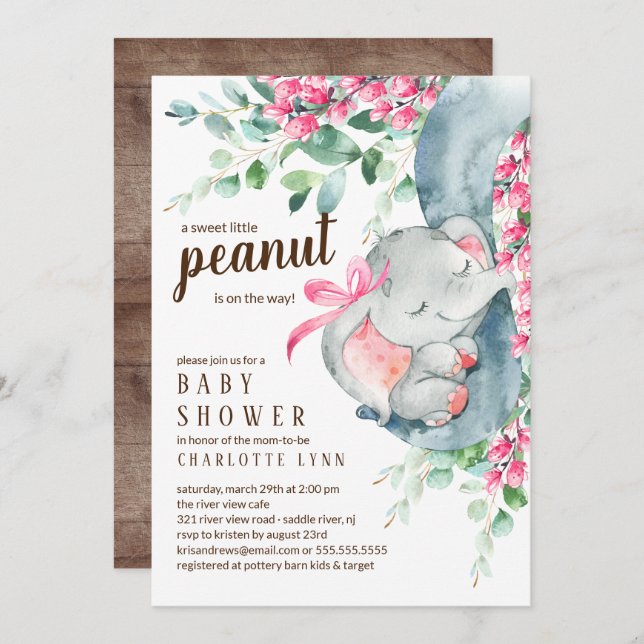 Little Peanut Elephant Girls Baby Shower Invitation (Front/Back)