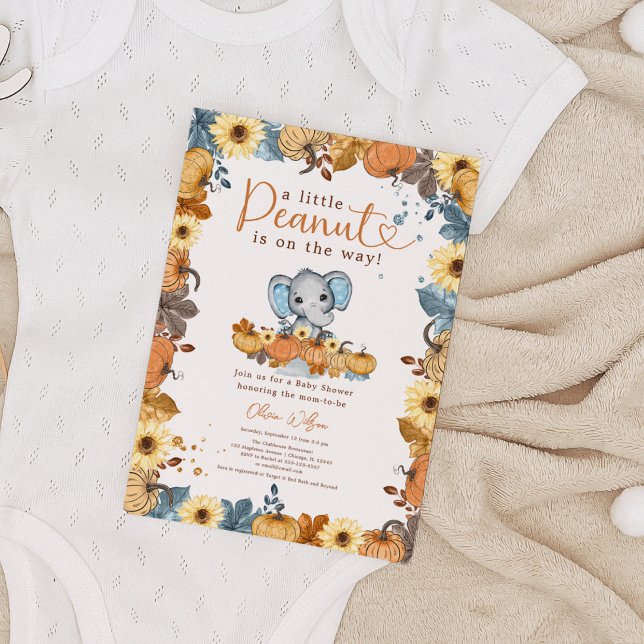 Little Peanut - Fall Elephant Pumpkin Baby Shower Invitation (A Little Peanut is on the Way - Fall Elephant Pumpkin Baby Boy Shower Invitation)