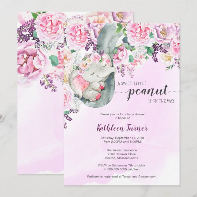 Little Peanut Sleeping Elephant Floral Baby Shower Invitation (Front/Back)