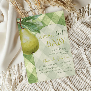 Little Pear Fruit Theme Green Gingham Baby Shower Invitation