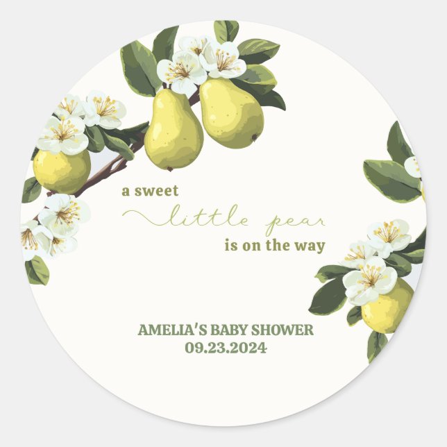 Little Pear is on the way fruit theme baby shower Classic Round Sticker (Front)