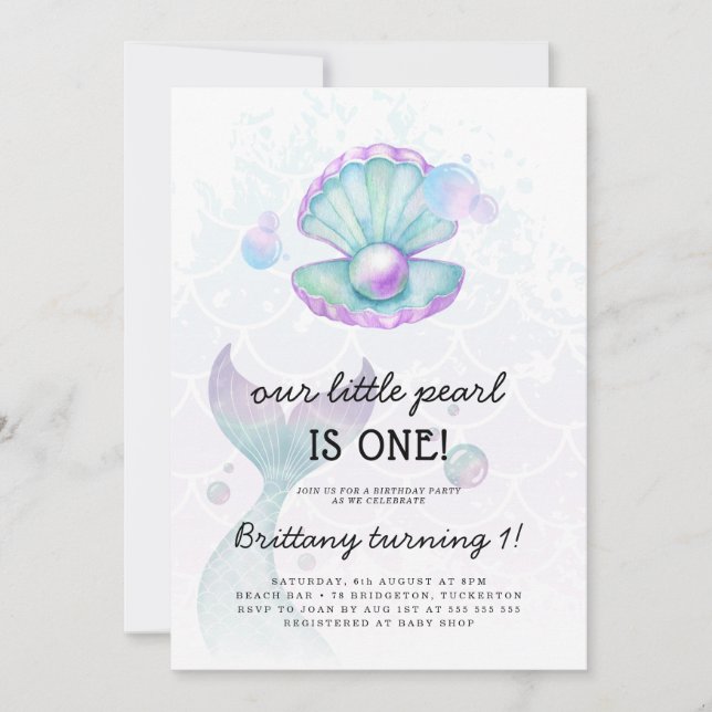 Little Pearl 1st Birthday Invitation (Front)