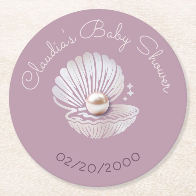 Little Pearl Baby Shower Round Paper Coaster (Front)