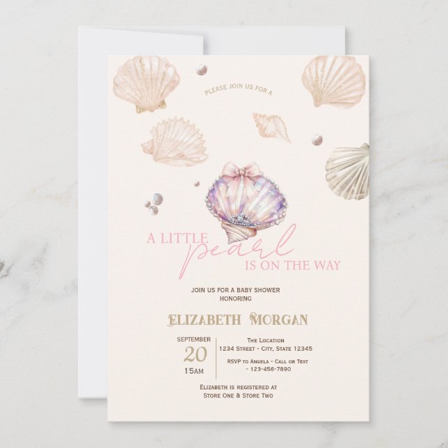 Little Pearl Diamonds Seashells Beige Baby Shower Invitation (Front)