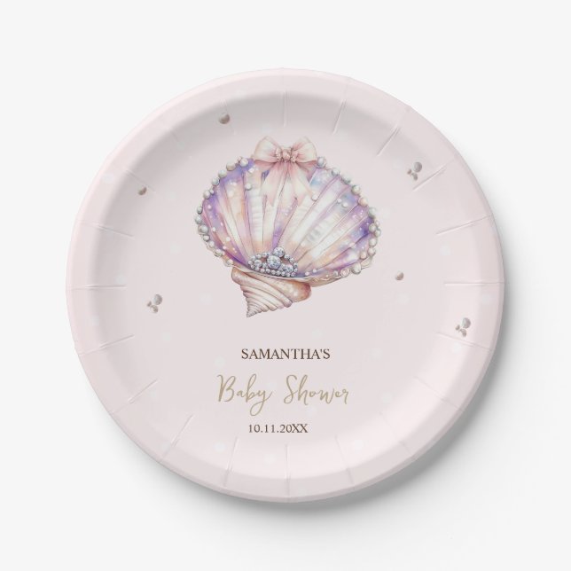 Little Pearl Seashells Diamonds Dots Baby Shower Paper Plate (Front)