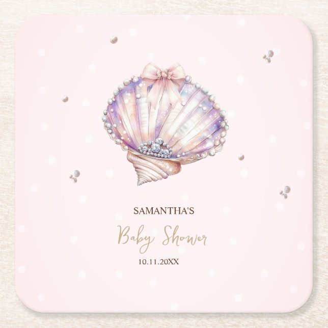 Little Pearl Seashells Diamonds Dots Baby Shower Square Paper Coaster (Front)