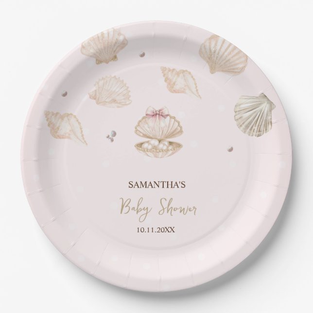 Little Pearl Seashells Dots Baby Shower Paper Plate (Front)